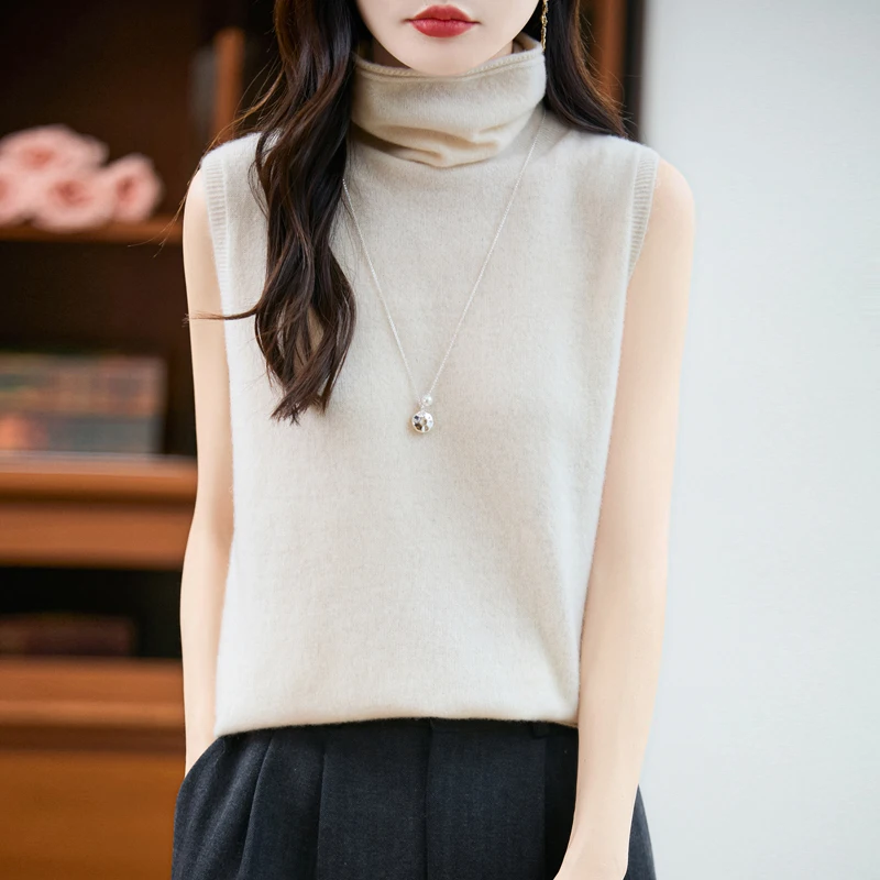 

Women Wool Sweater Vest Turtleneck Pullover Sleeveless Basic 100% Merino Wool Knitwear Spring Autumn Winter Casual Waistcoat Top