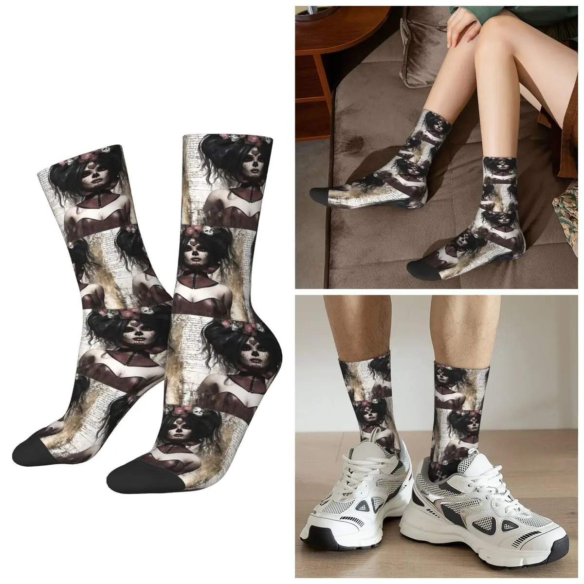 Calcetines del Día de los Muertos de la niña Catrina mexicana para todas las estaciones, calcetines Harajuku Crew, medias de alta calidad para hombres y mujeres, regalos de navidad