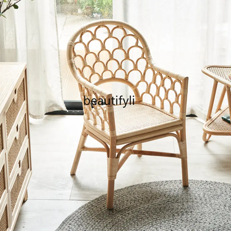 zq Rattan Chair for the Elderly Rattan High Dining Chair with Backrest Leisure Balcony Chair Single Real Rattan Chair