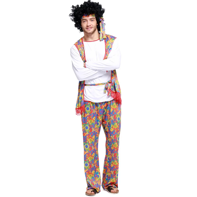 70er 80er Jahre Frieden Liebe Hippie Cosplay Kostüm Erwachsenen Mann Outfits Halloween Party Karneval Retro Rock Disco Hippie Kostüm mit Perücke