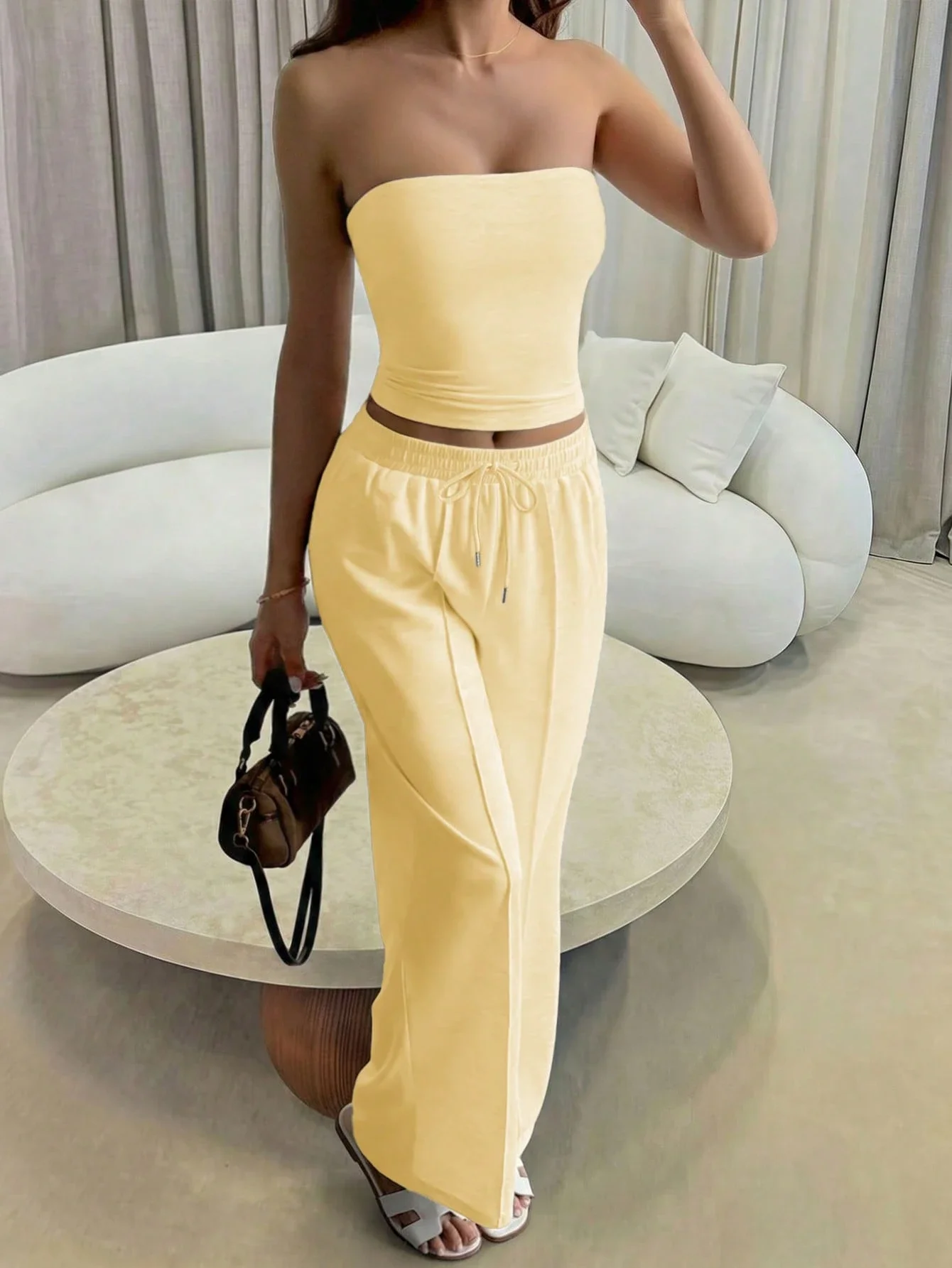 

Yellow 2 Piece Set Strapless Cropped Top And Wide Leg Pants Casual Summer Outfit