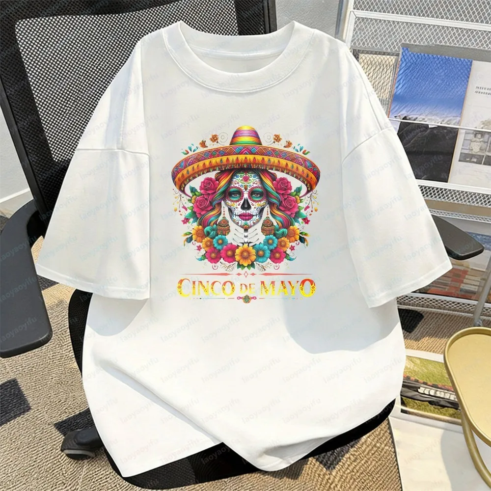 Cinco De Mayo Sombrero Tee Festive Sugar Skull Cotton T-Shirt Summer Mexican Holiday Trend Clothes Mexican Gifts for Women