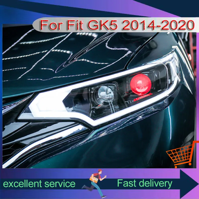 Upgrade Modifications Headlight For Honda Fit 2014-2020 GK5 Automobile Assembly Light Guide LED DRL Devil's Eye Lens Front Lamps