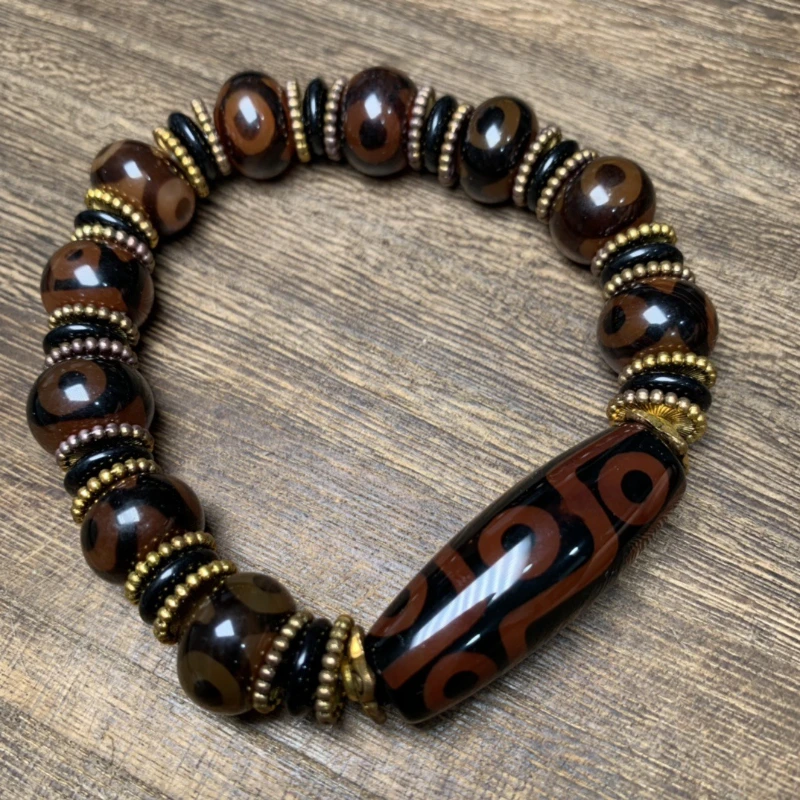 Fine Glossy Agate Three-Eye Tibet Beads with Dzi Bead Tibet Beads Bracelet Buddha Beads Crafts Single Ring Bracelet