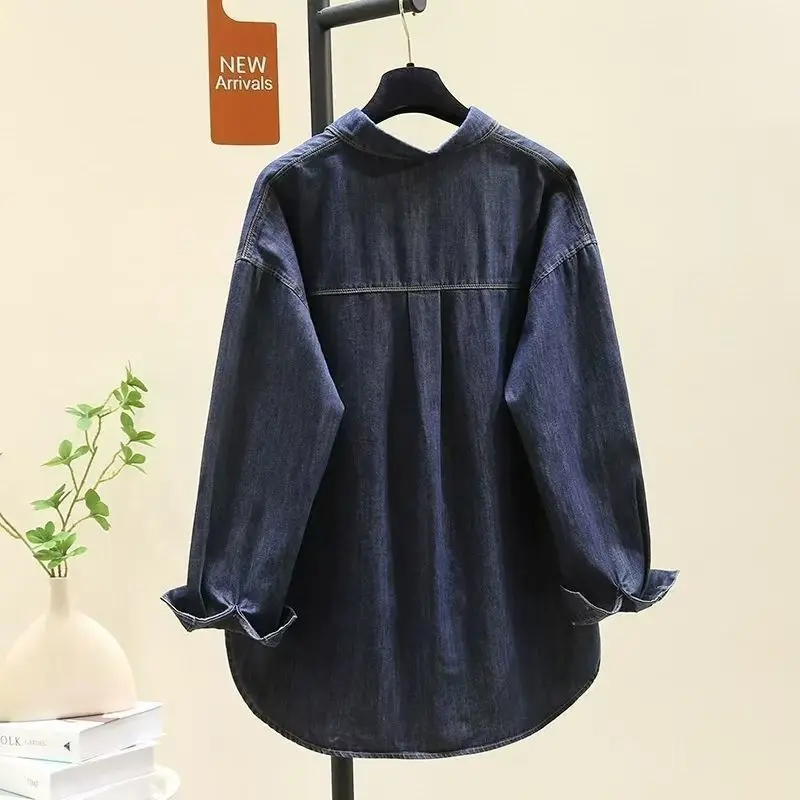 Women's Jeans Jacket No Curling Edges Retro Embroidery Denim Shirt Jacket Spring New Loose Design Long Sleeves Blouse Top