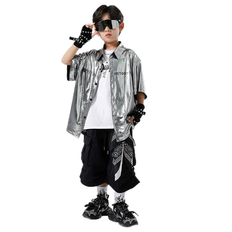 เด็กKpop Hip Hopเสื้อผ้าเงินเสื้อสีดําฤดูร้อนกางเกงขาสั้นจีบกระโปรงกางเกงขาสั้นสําหรับGirl Boy Jazz Danceเครื่องแต่งกายเสื้อผ้า