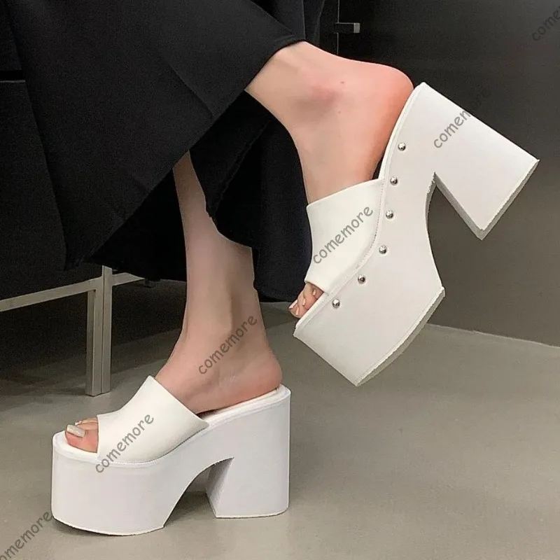 

Women's White Studded Platform Mules Open Toe Chunky High Heel Slides Street Style Fashion Super Thick Wedge Sandals for Ladies