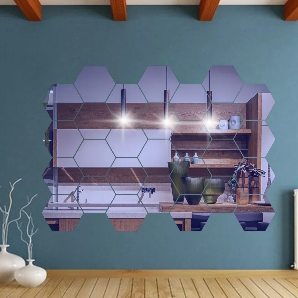 1/100x Hexagon Mirror Stickers Self-adhesive Mini Mirror Solid Paster Home Bedroom Art Decoration Gold Silver Red Black Decals