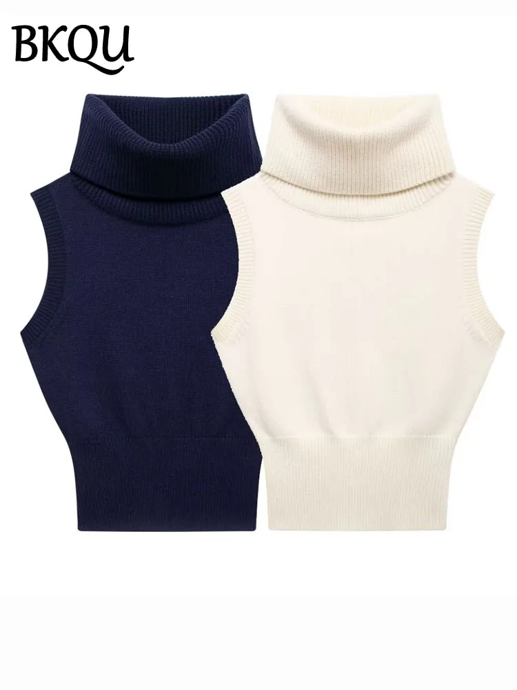 

BKQU модный вязаный пуловер без рукавов, жилет, женская водолазка, эластичный укороченный свитер, топы на бретелях, корейские тонкие женские элегантные топы