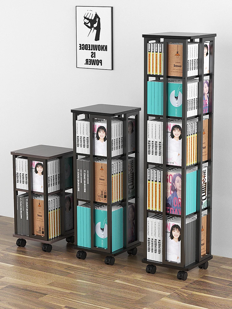 Rotating bookshelves, bookcases, iron creative children's small bookshelves, floor, simple wheeled storage shelves