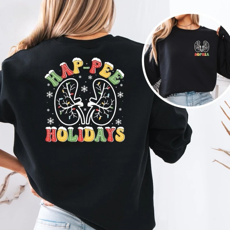 Custom Kidney Christmas Sweatshirt Hap-Pee Holidays Tops Funny Urology Nurse Gift Dialysis Patient Xmas Sweater Thermal Hoody