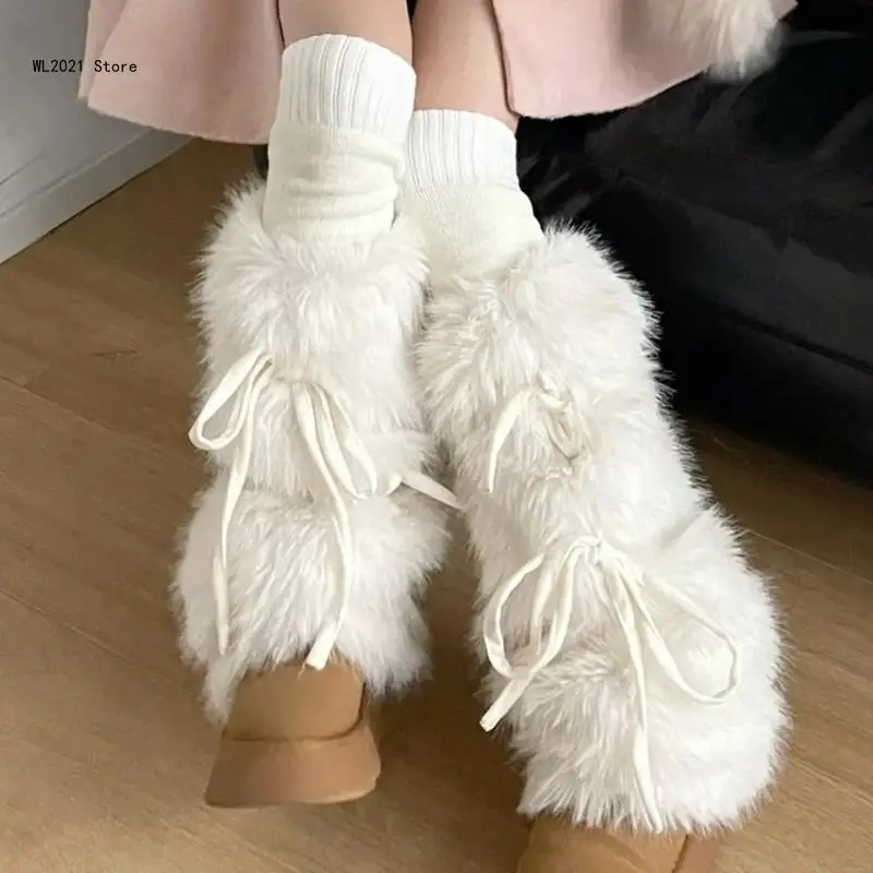 Mulheres gótico felpudo perna mais quente bota capa harajuku bonito fita bowknot peludo pelúcia leggings capa meias longas