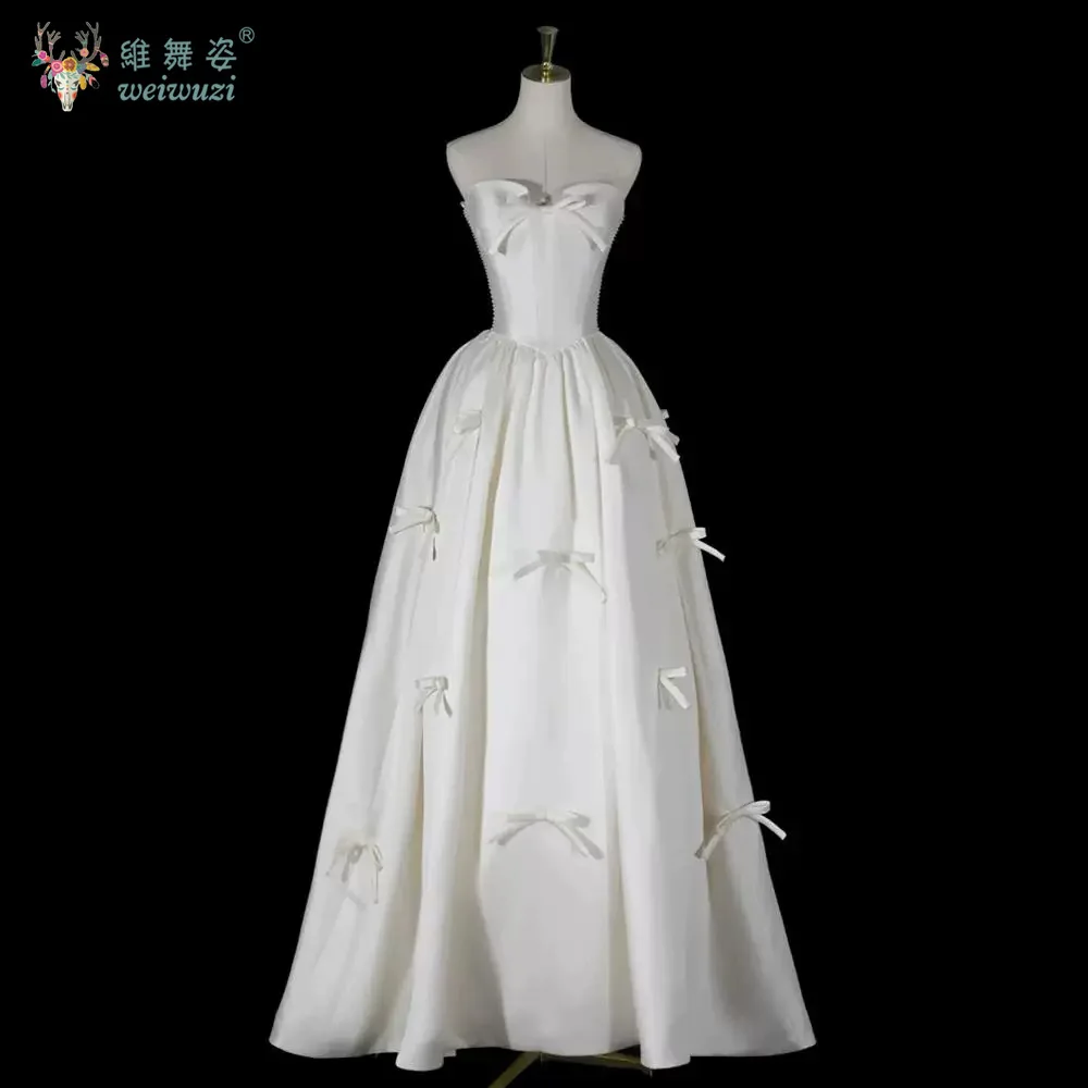 

French Style Satin A-line Wedding Dress Simple Strapless Bride Engagement Dresses Applique Bow Floor-Length Sweetheart Gown