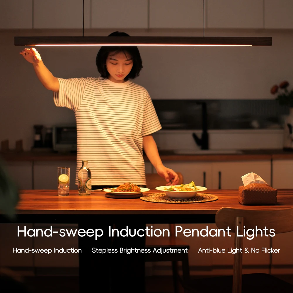 LED Hand Sweep Sensor Pendant Light Wood Pendant Lights LED Hand Scan Pendant Lamp for Kitchen Island Living Room Dining Decor