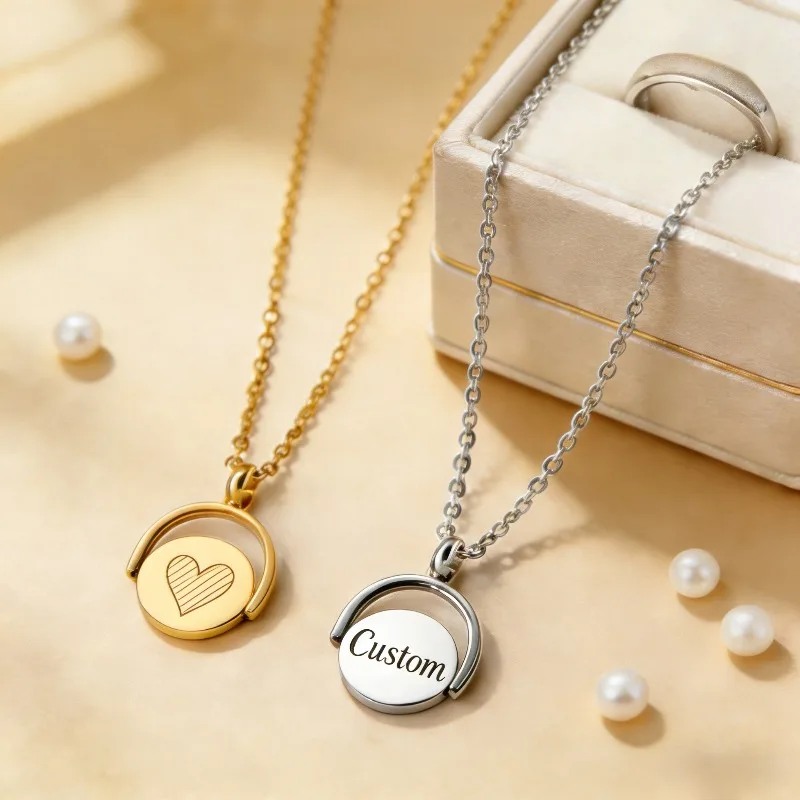 

Laser Custom Personalize Text Simple Pen Patterns Circular Rings Rotating Pendants Couple Necklaces Men's and Women's Gifts