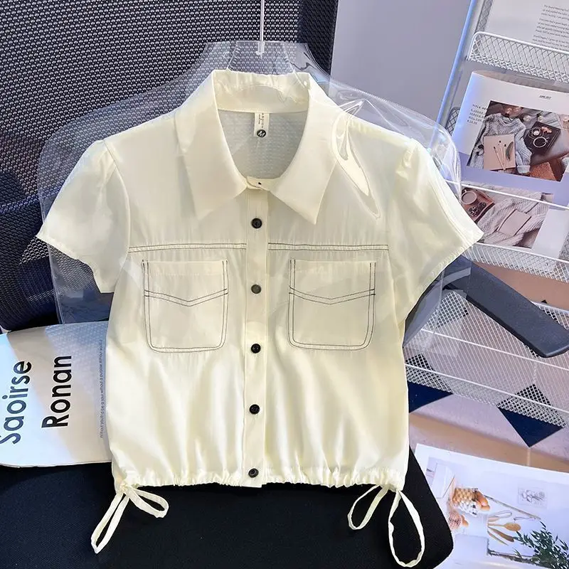 

Short Sleeve Drawstring Shirt Women's Korean Style Commute Wind Loose Fit Summer New Simple Design Small Size Shirt Top