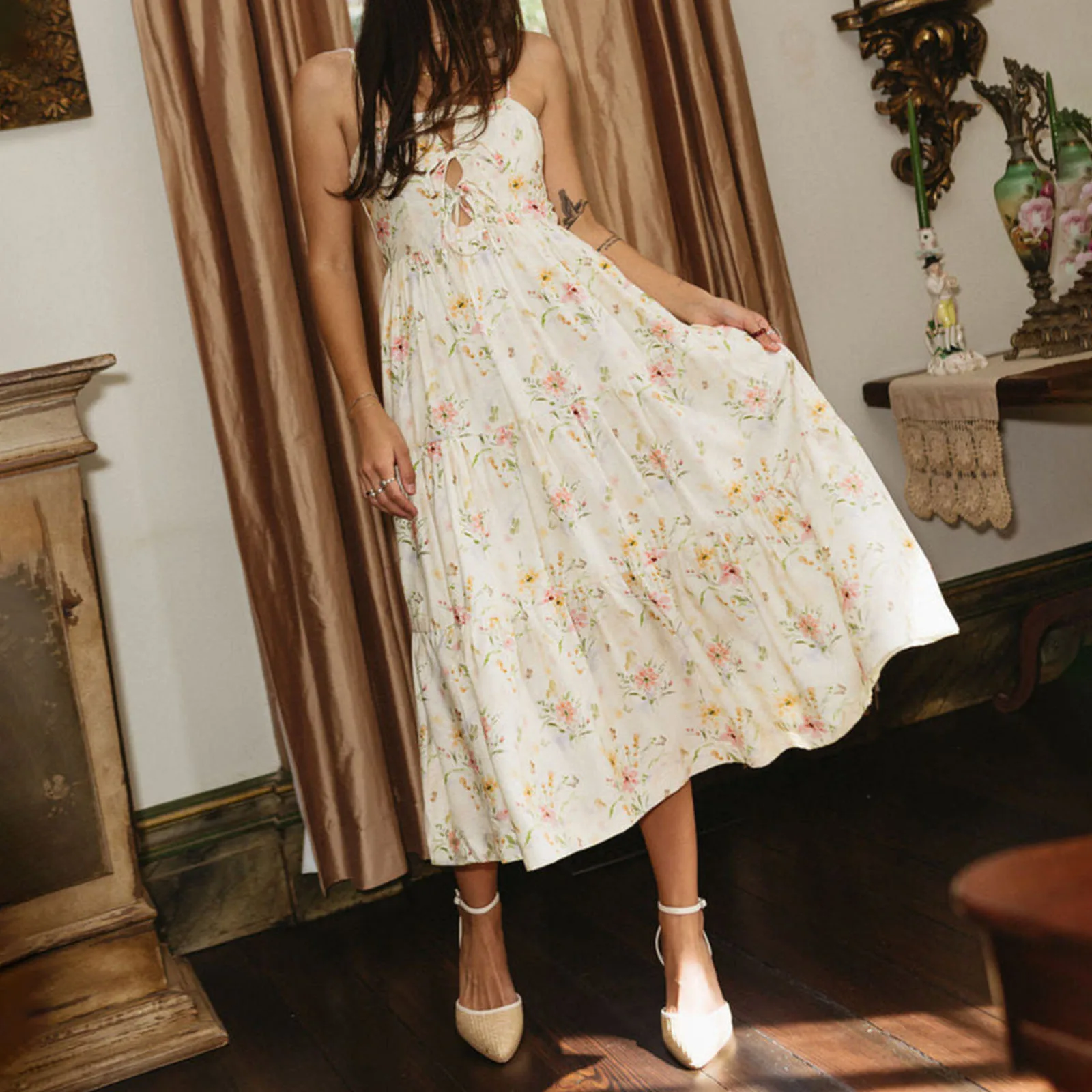 Damska sukienka letnia w stylu boho na ramiączkach spaghetti, bez rękawów, wiązana, ażurowa, w kwiaty, długa sukienka na koktajl.