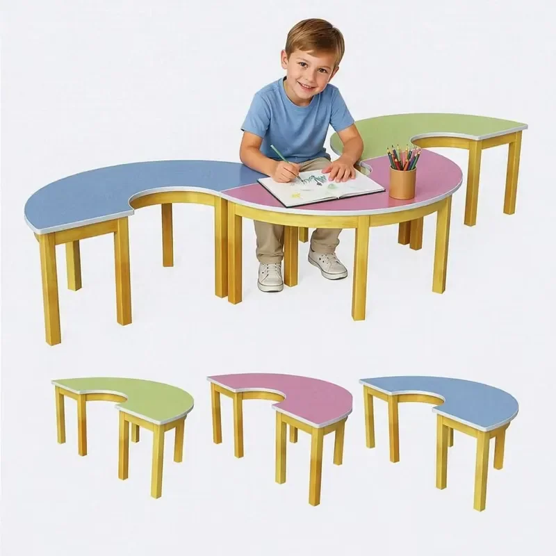 Wooden Semi-Circular Kids Desk for Kindergarten Nursery School Study Storage Furniture for Bedroom Living Room