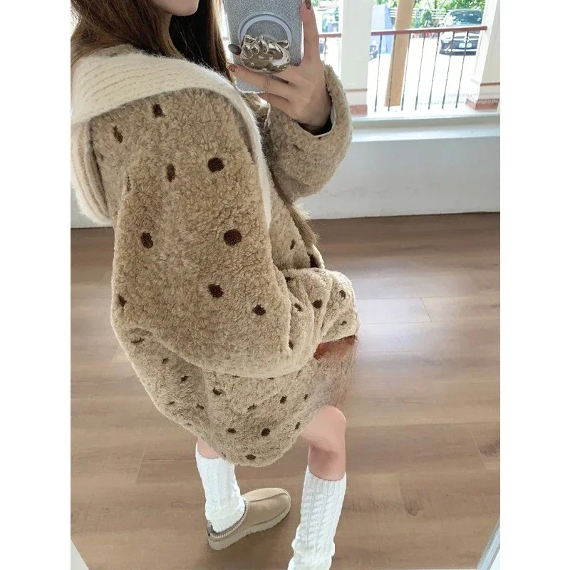 Lamb Wool Coat Lazy Warm Polka Dots Contrasting Color Fur Cardigan Design Sense Trendy American Retro Comfortable Beautiful