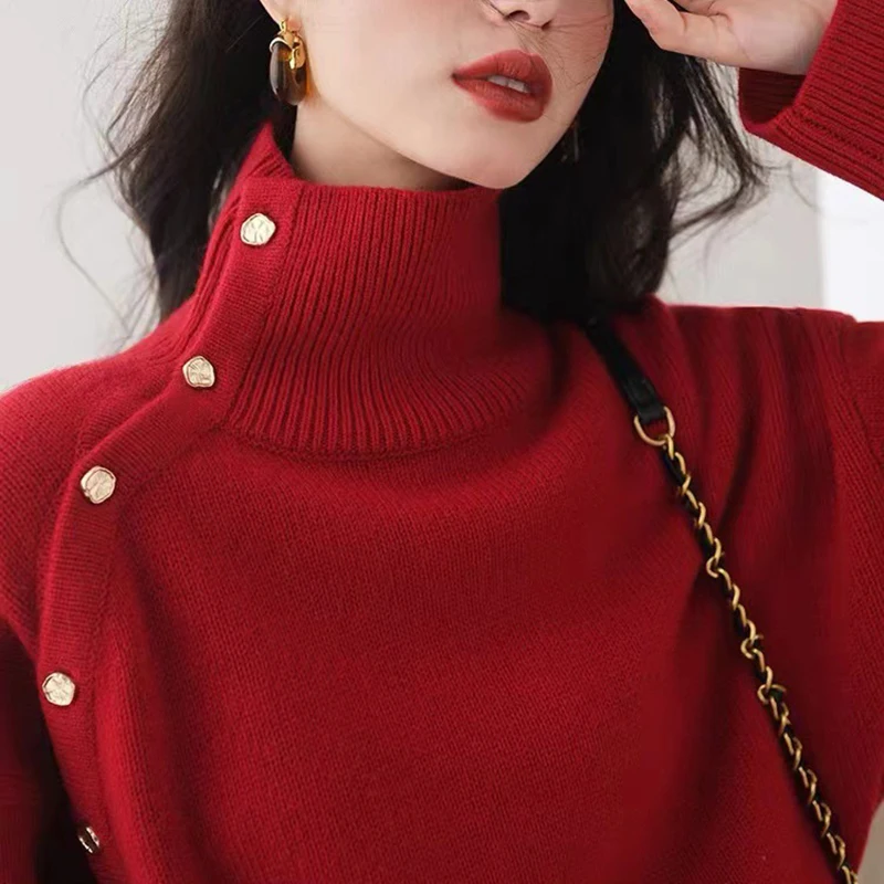 GIDYQ Vintage Turtleneck Red Christmas Knit Sweater Women Elegant Chic Buttons Long Sleeve Pullovers Korean Soft New Year Tops