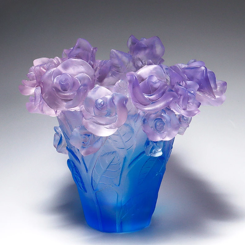 3D Embossed Rose Glass Vase Gradient Color Frosted Crystal Flower Vase Art Sculpture Tabletop Home Wedding Decor Ornament Gift
