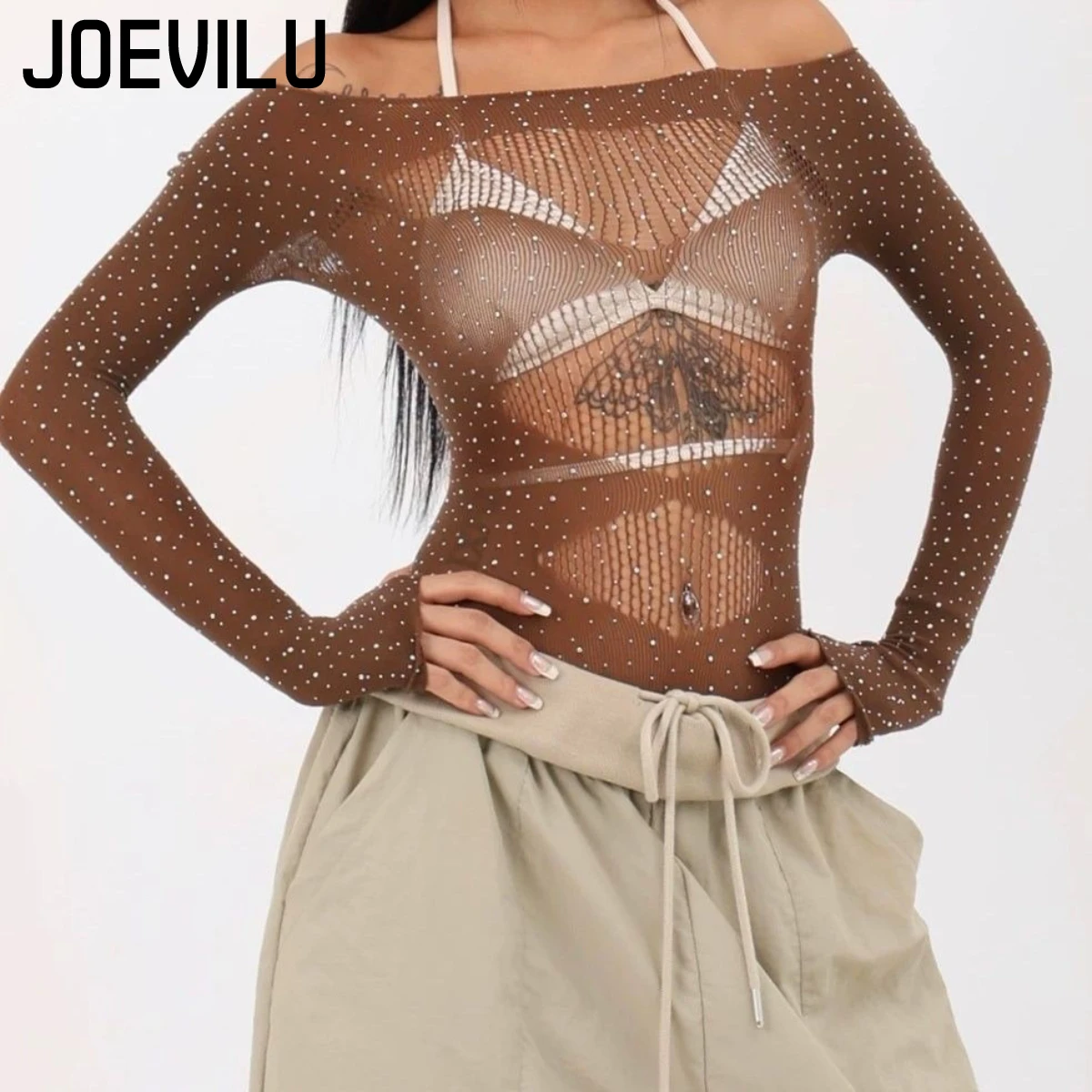 

JOEVILU Sexy See Through Long Sleeve Bodysuit Lace Lace Women's Dance Tops Stretch Knit Instagram Dancewear kawaii clothes