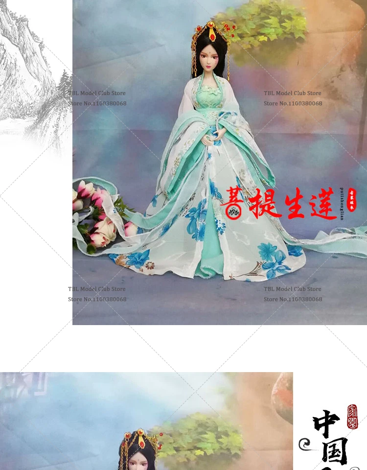 Tersedia Hanfu Tradisional Tiongkok Skala 1/6 untuk Figur Aksi 12 inci, dengan Pita dan Lengan Panjang Bermotif