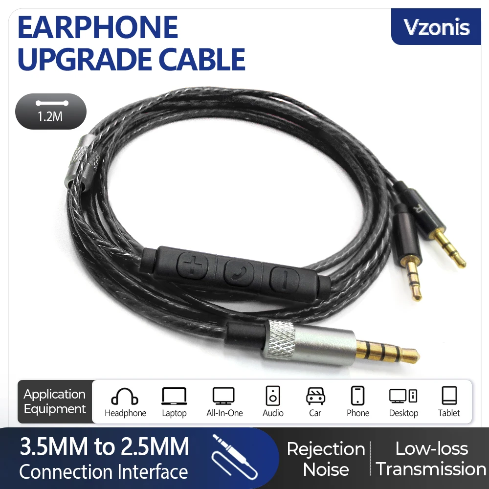 3.5mm to 2.5mm Headphone Upgrade Cable Inline Mic Control Audio Cable for Sol Republic Master Tracks HD V8 V10 V12 X3