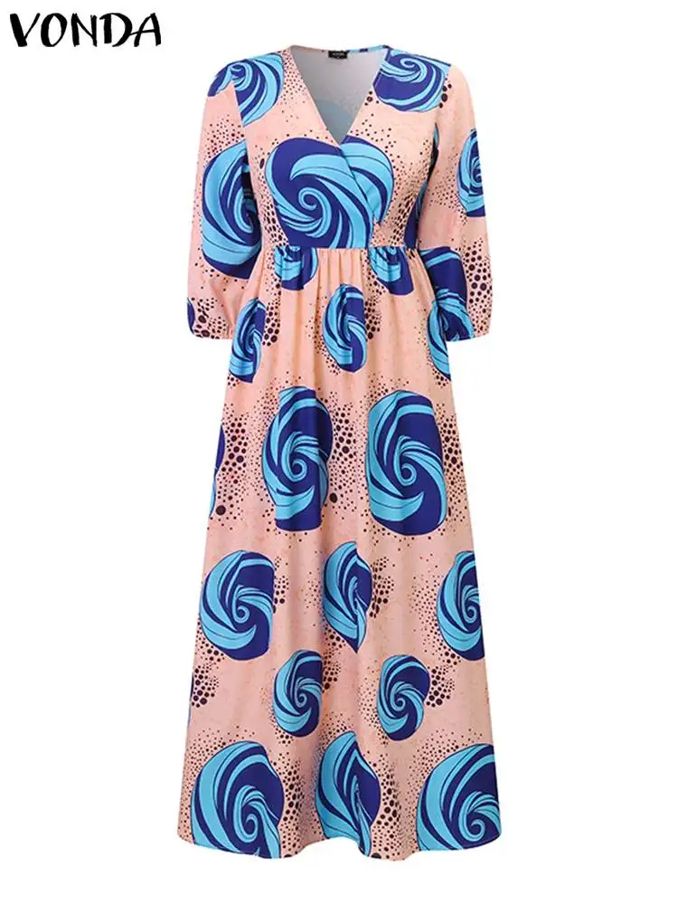 Plus Size Sundress Summer Women Maxi Dress VONDA 2024 Sexy V Neck Bohemian Printed Long Vestidos 3/4 Sleeve Casual Robe Femme