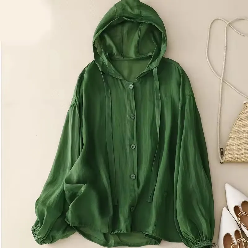 패션 코튼과 린넨 까마귀 여성 탑 여름 새로운 한국어 캐주얼 긴 소매 태양 보호 기본 셔츠 얇은 블라우스 여성