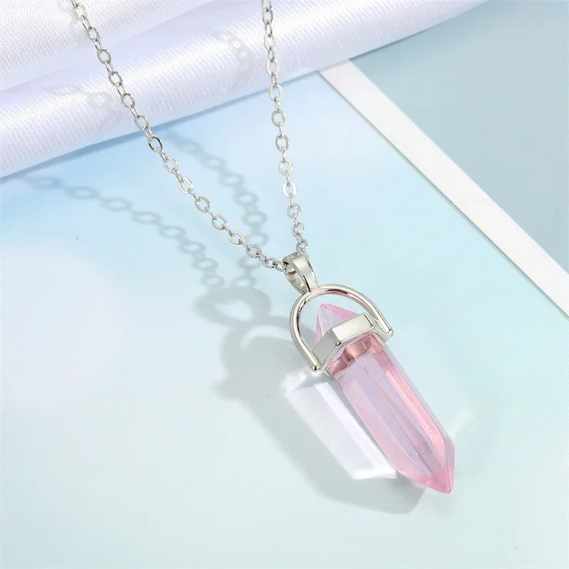 Hexagonal Column Pointed Reiki Chakra Natural Stone Pendant Necklace Women Girl Gift18inch Chain Lapis Opal Chunky Jewelry