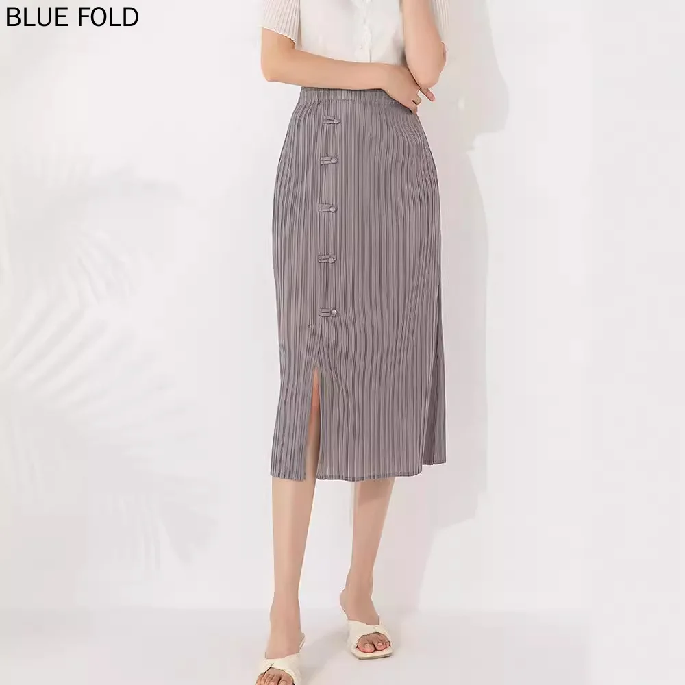 

MIYAKE Pleated Skirt Summer New Chinese Style Buttoned Skirt Temperament Versatile Slit Retro Solid Color Pleated Skirt Female