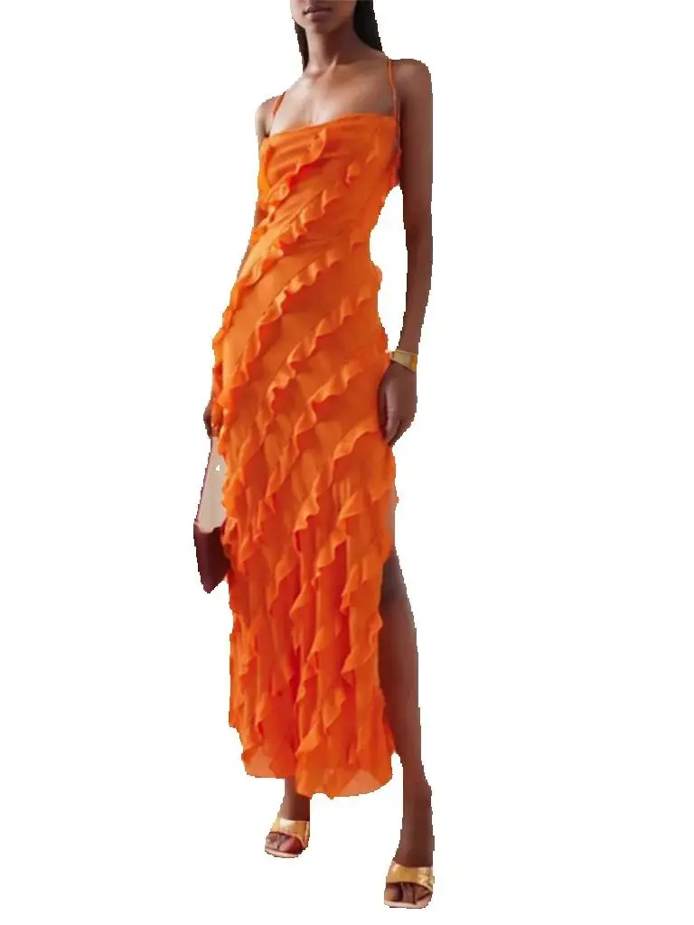 

Chic Solid Color Spaghetti Straps Chiffon Ruffles Tiers Long Dress