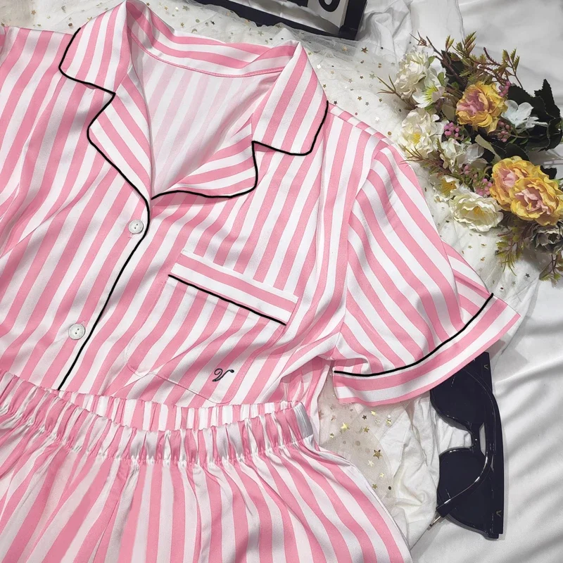 Pijama de seda gelo feminino, manga curta, roupa de cetim solta, listrada rosa, verão, conjunto 2 peças