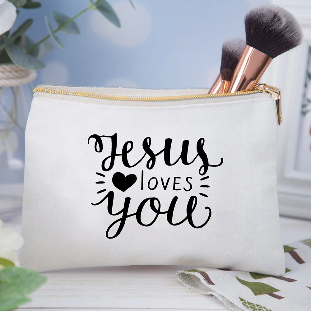 Bolsa de cosméticos con estampado de Jesús para mujer, bolsa de cosméticos de lona, bolsas de maquillaje para damas, bolsa de aseo de lavado de viaje, bolsa de lápices de embrague