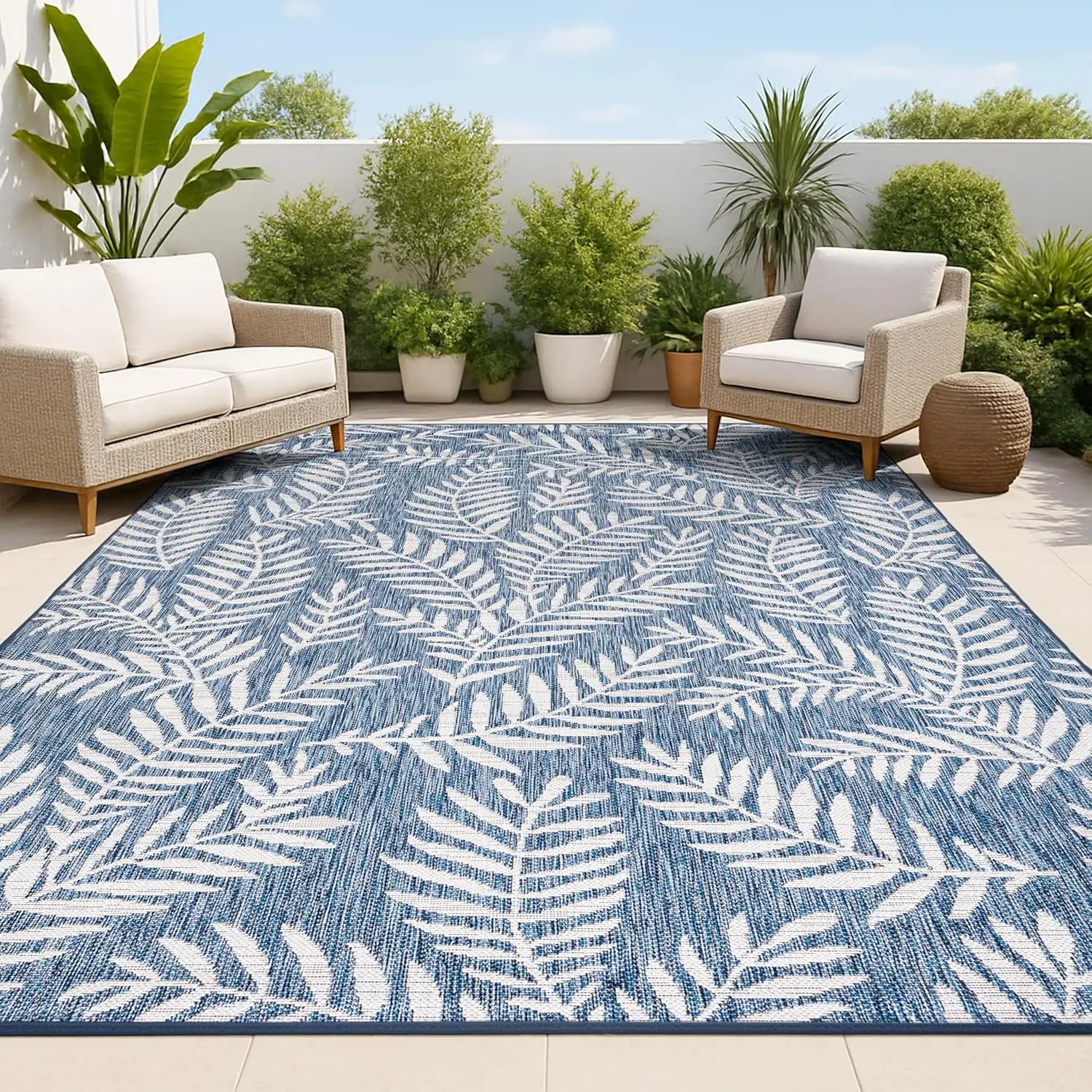 

Palm Frond Indoor Outdoor Area Rug 8X10 Navy/Ivory, Nevis for Backyard, Patio, Porch, Easy-Cleaning, High Traffic, Pet-Friend