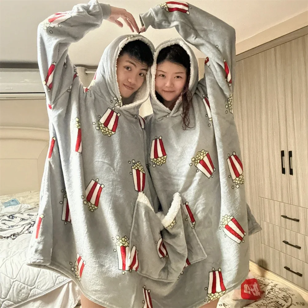 Two Person Friend Intimate Loose Popcorn Adult Men Women One-Piece Couples Pajamas Autumn Winter Plush Pullover Christmas Outfit