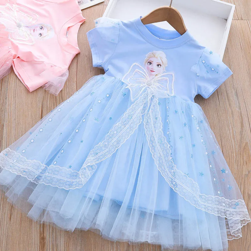 New Disney Girls Dress Short Sleeve Summer Princess Dresses Frozen Elsa Party Baby Dresses for Children Clothing Kids Clothes