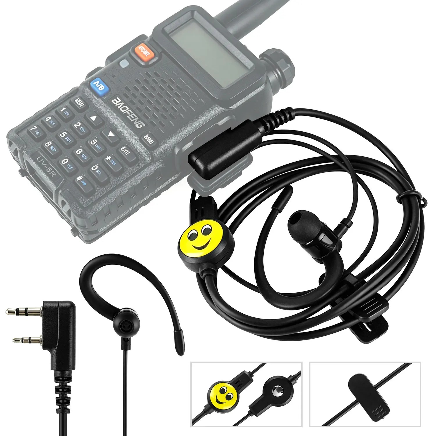 

Baofeng Walkie Talkie Earphones with Microphone Ear Hook Smiling Face Two-way Wireless 2-pin K Plug UV-5R UV-82 BF-888S Headset