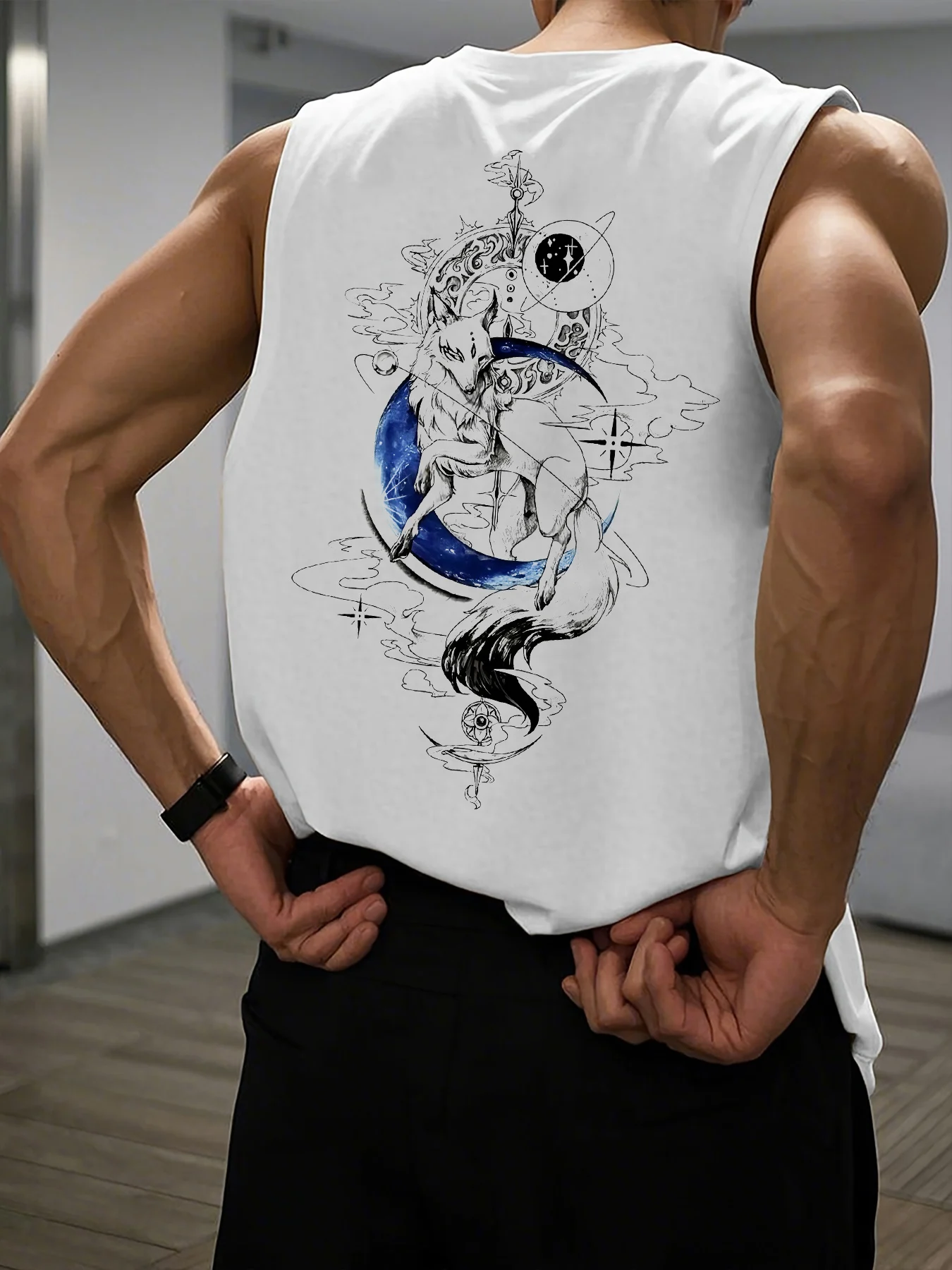 

Men's summer casual sports loose fox letter pattern print comfortable and breathable round neck sleeveless vest