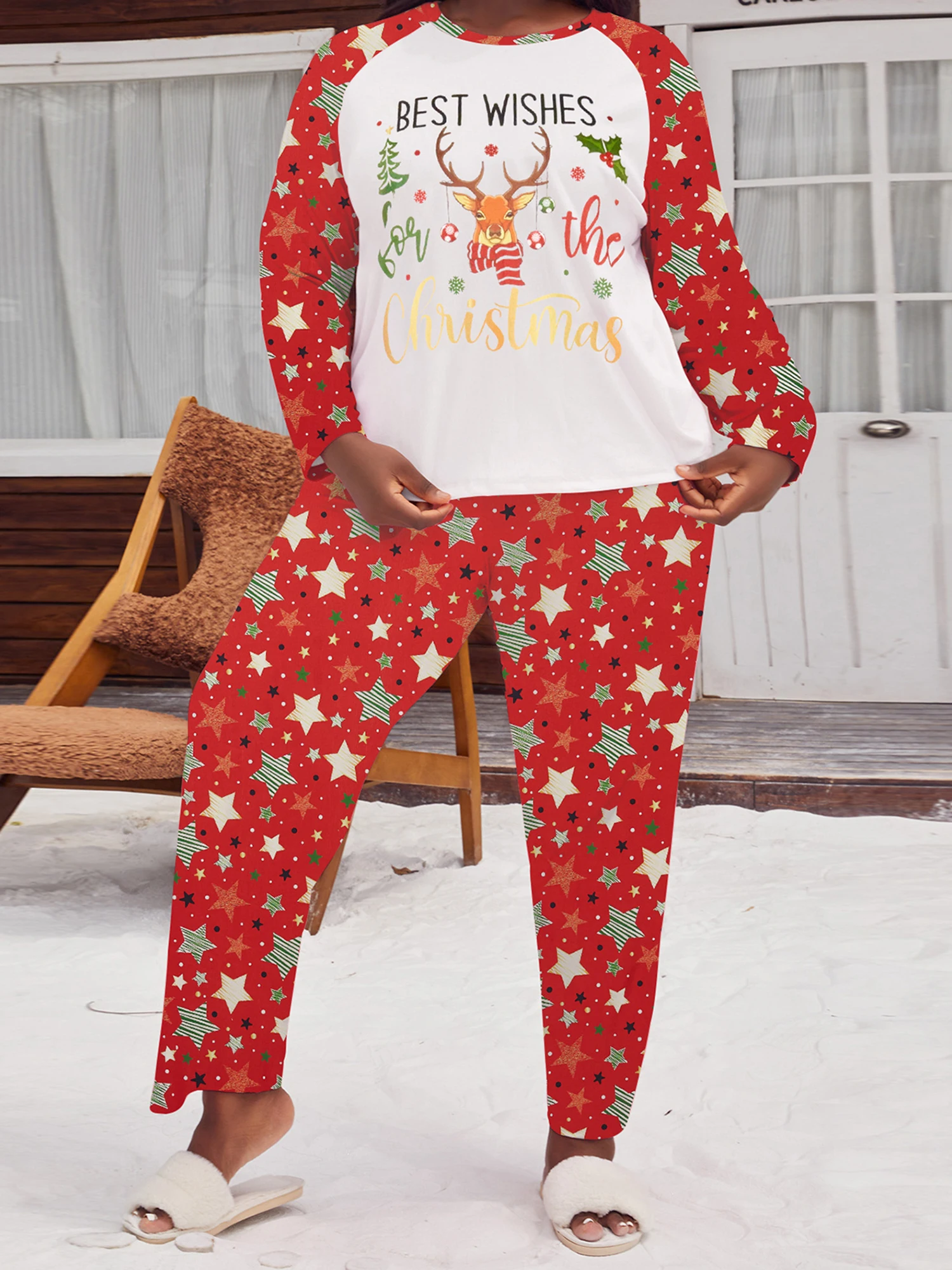 Ensemble pyjama de noël grande taille pour femmes, avec haut à manches longues imprimé flocon de neige et pantalon assorti pour tenue de nuit festive