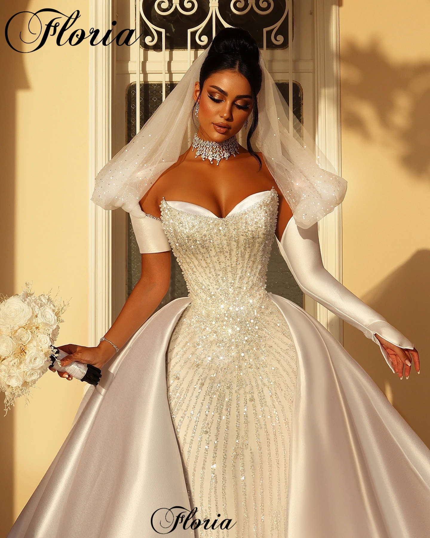 Nuovi abiti da sposa Color crema di lusso con strascico staccabile abiti da sposa con perline Sweetheart per le donne Vestido Blanco Chapel