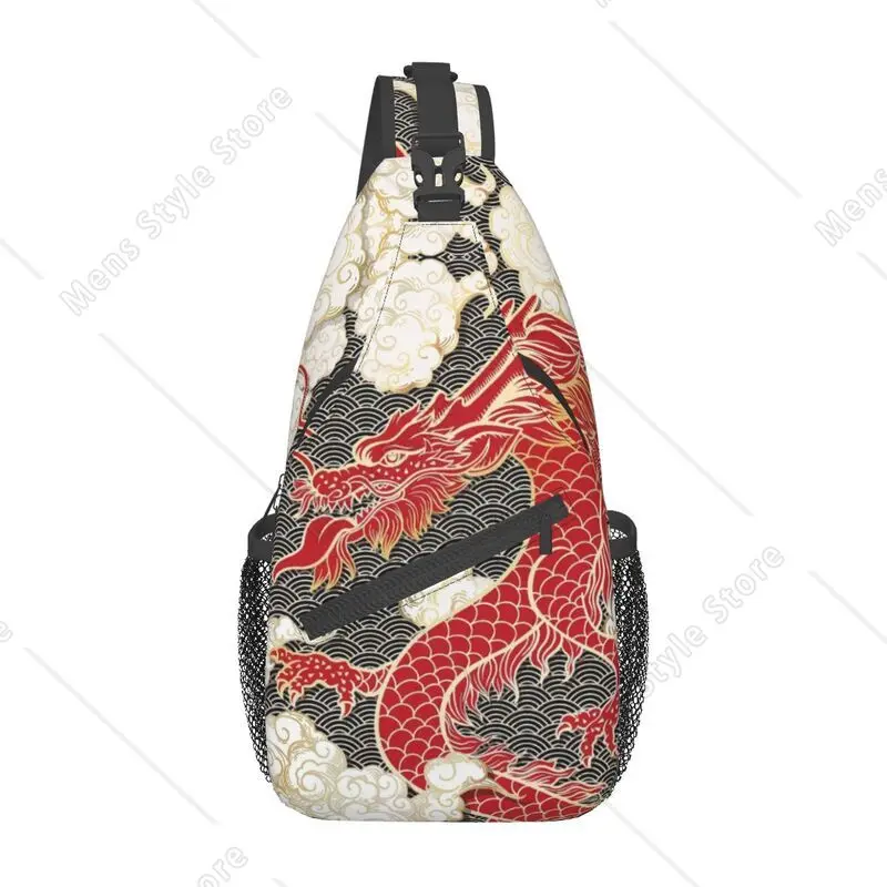 Cool Chinese Red Dragon Totem Pattern Sling Crossbody Backpack Men Tradition Asian Style Shoulder Chest Bags for Camping Biking