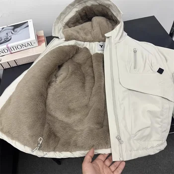 Kids Plush Hooded Coats Boys Winter Thick Warm Casual Comfortable Jacket Children Outdoor Versatile Thermal Outerwear