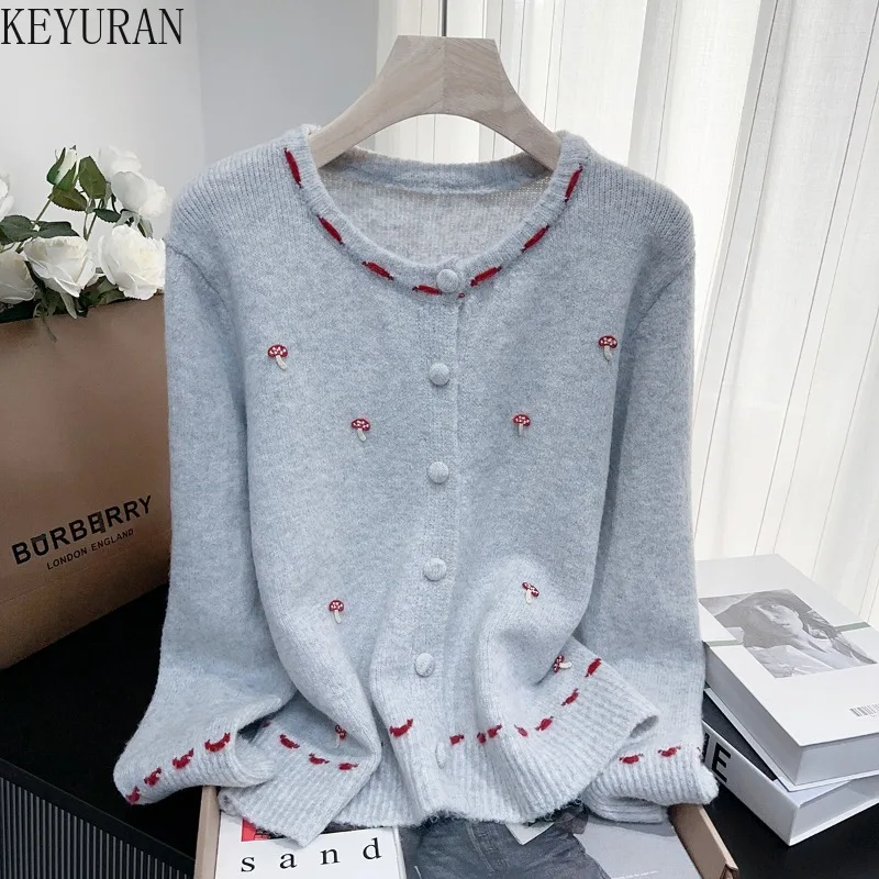 

Sweet Mushroom Embroidered Loose Sweater Jacket Women's Autumn Winter Vintage O-Neck Long Sleeve Versatile Knitted Cardigan Coat