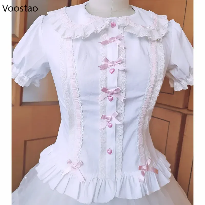 Blusa feminina estilo Lolita preppy, colarinho Peter Pan, babados de renda, camisas JK, blusa de manga folhada, laço bonito, fino, menina