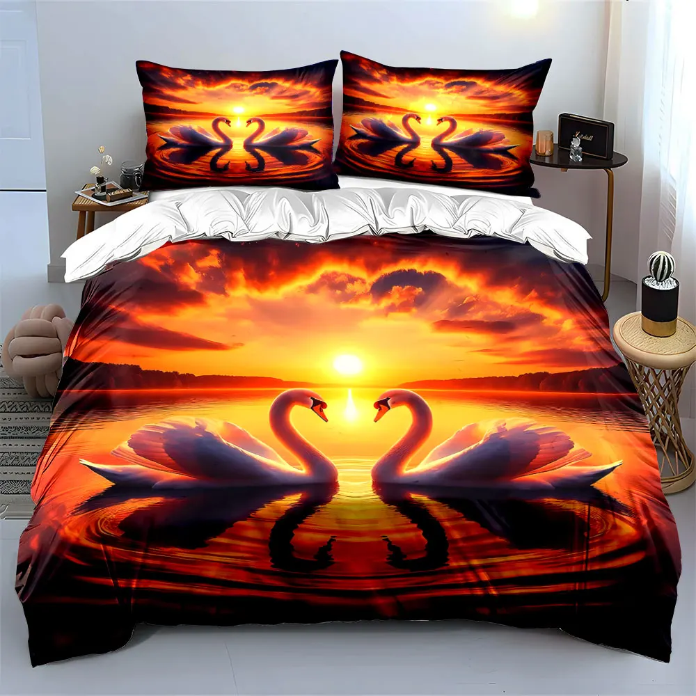 Swans Reflecting on Sunset Lake Bedding Set for Kids Luxury Gift 3pcs Digital Print Comforter Set Soft Comfortable Breathable