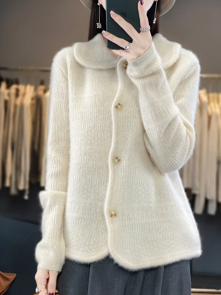 

New Fashion Women's Cashmere Cardigan Turn-down Collar Sweater Autumn Winter 100% Merino Wool Knitwear Korean Popular Clothes