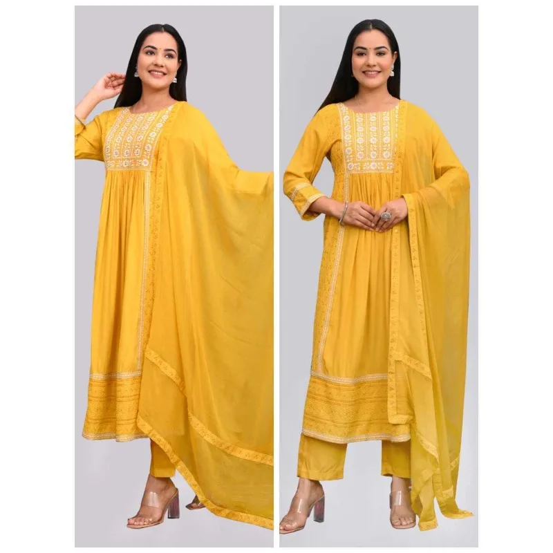 

Yellow Salwar Kameez Embroidery Work Rayon Anarkali Kurti Pant & Dupatta Dress