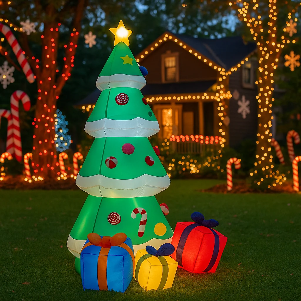 7.8FT زينة عيد الميلاد شجرة قابلة للنفخ مع صناديق الحاضر اللعب ساحة المنزل عيد الميلاد الحلي LED ديكور عيد الميلاد في الهواء الطلق